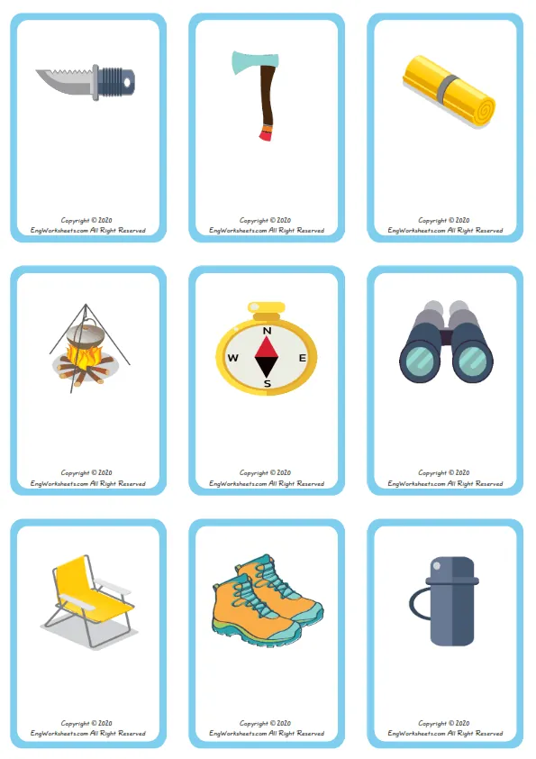 Wordless Camping vocabulary worksheet with nine images per page