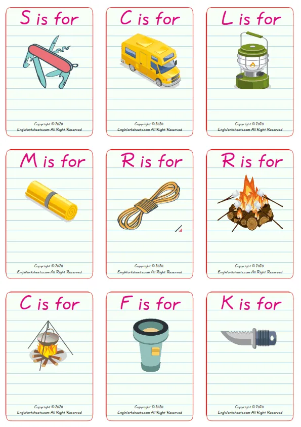 Wordless Camping vocabulary worksheet with nine images per page