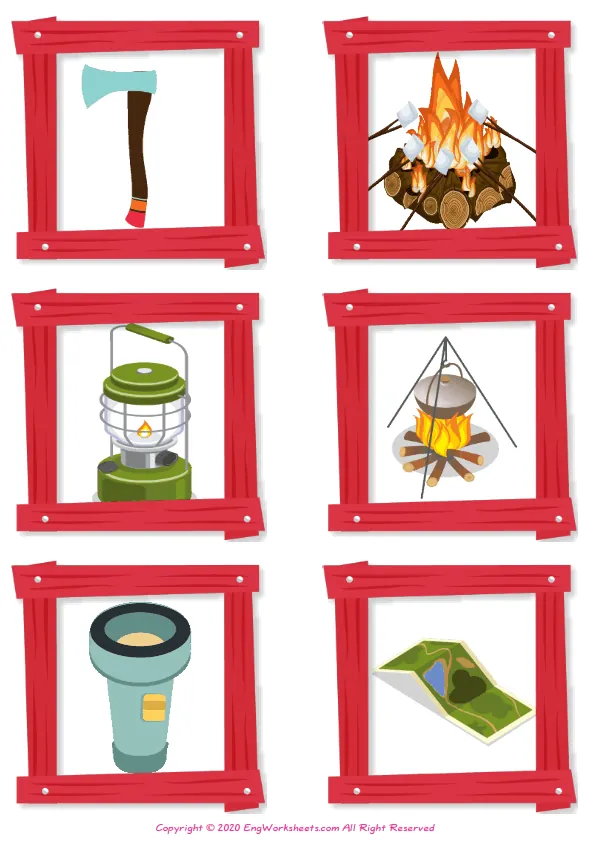 Wordless Camping vocabulary worksheet with six images per page