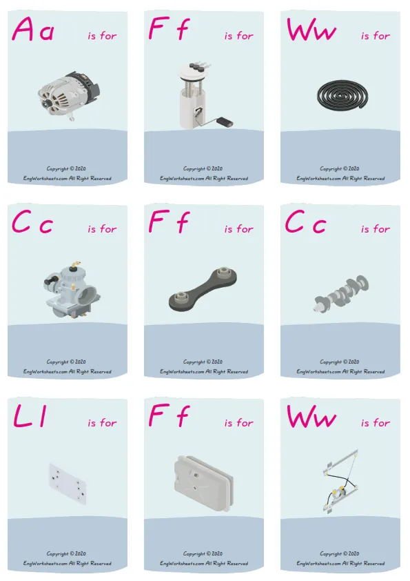 Wordless Cars vocabulary worksheet with nine images per page