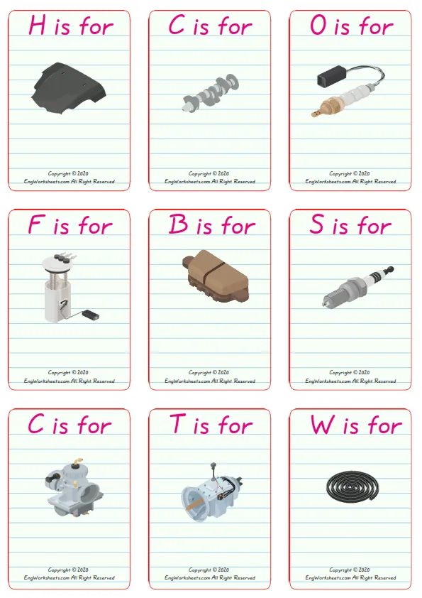 Wordless Cars vocabulary worksheet with nine images per page