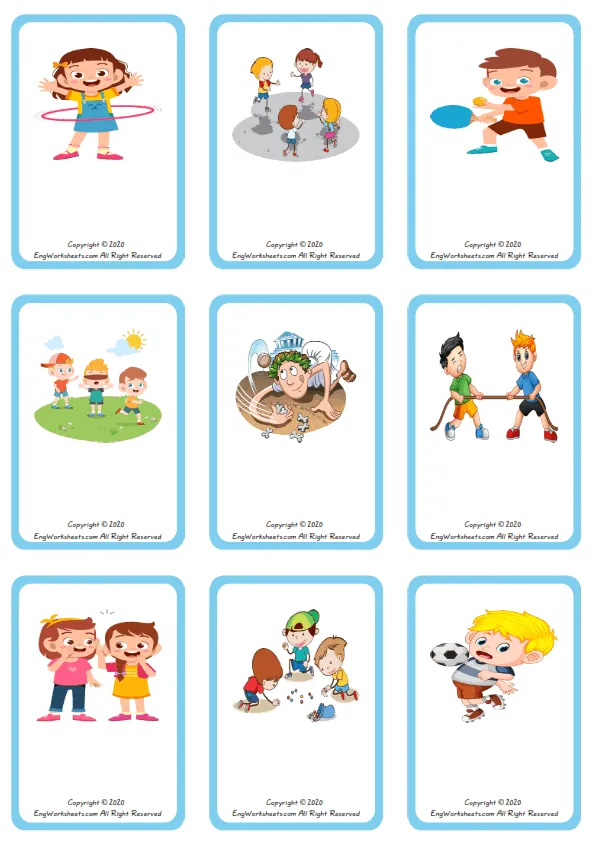 Wordless Children Games vocabulary worksheet with nine images per page