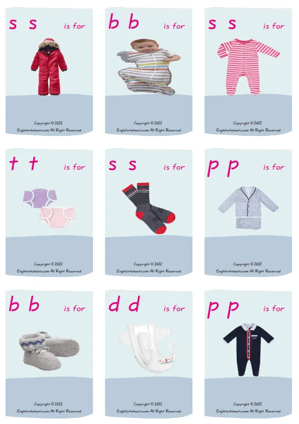 Wordless Children's Clothing vocabulary worksheet with nine images per page