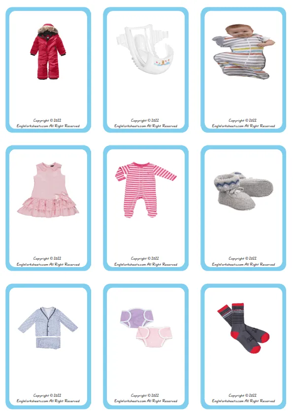 Wordless Children's Clothing vocabulary worksheet with nine images per page