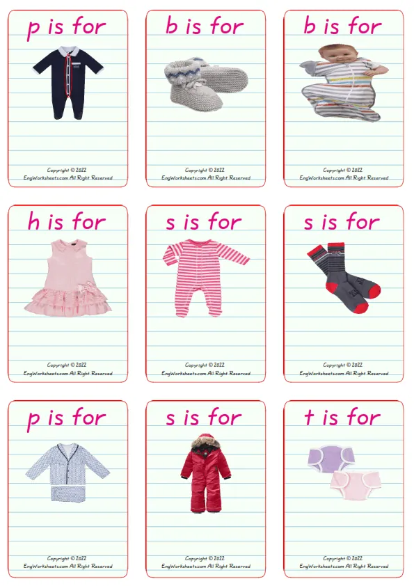 Wordless Children's Clothing vocabulary worksheet with nine images per page