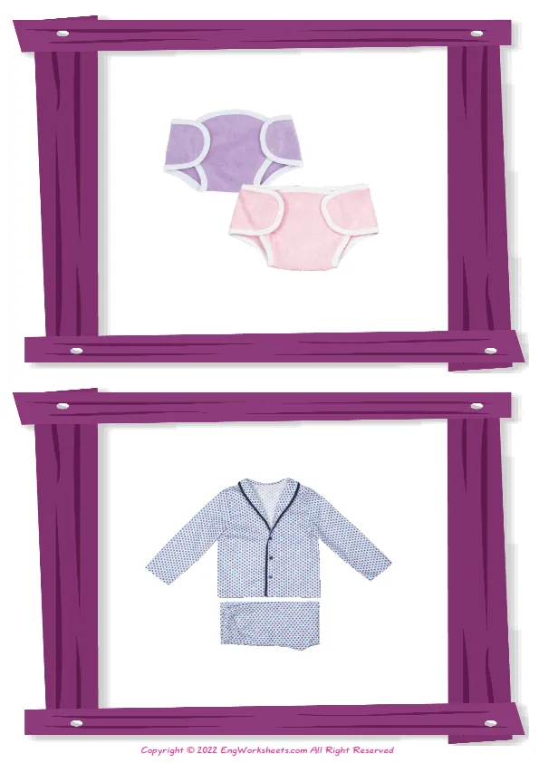 Wordless Children's Clothing vocabulary worksheet with two images per page