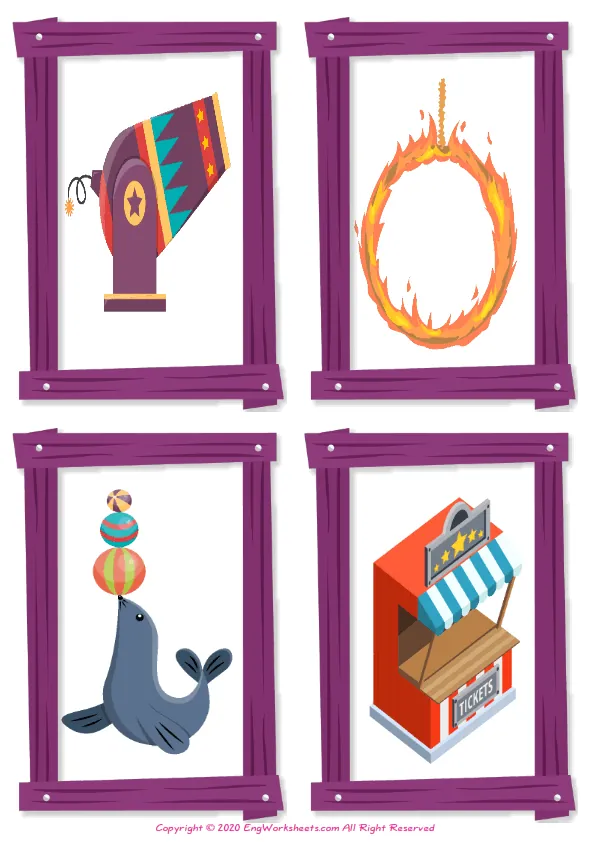 Wordless Circus vocabulary worksheet with four images per page