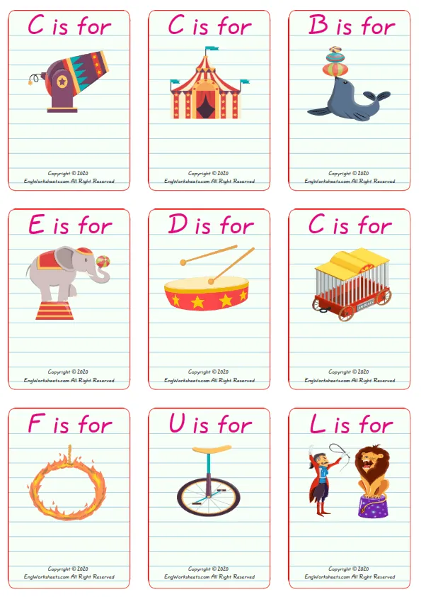 Wordless Circus vocabulary worksheet with nine images per page