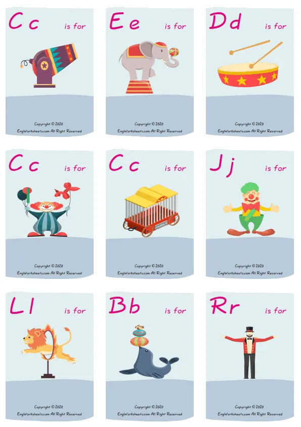 Wordless Circus vocabulary worksheet with nine images per page