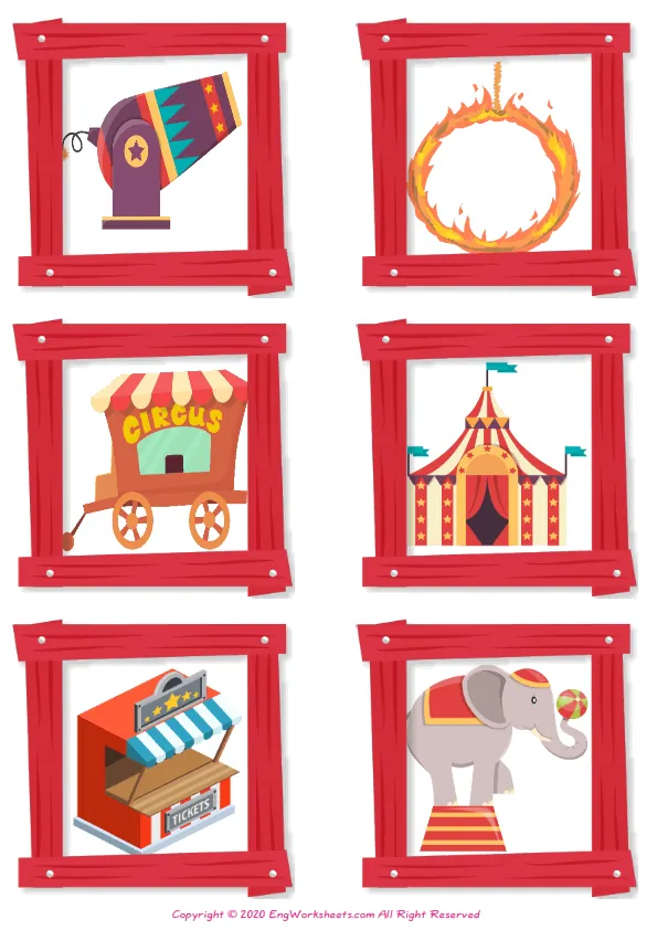 Wordless Circus vocabulary worksheet with six images per page