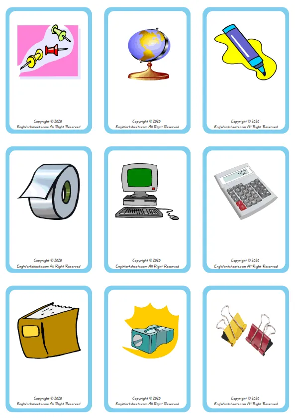 Wordless Classroom Objects vocabulary worksheet with nine images per page