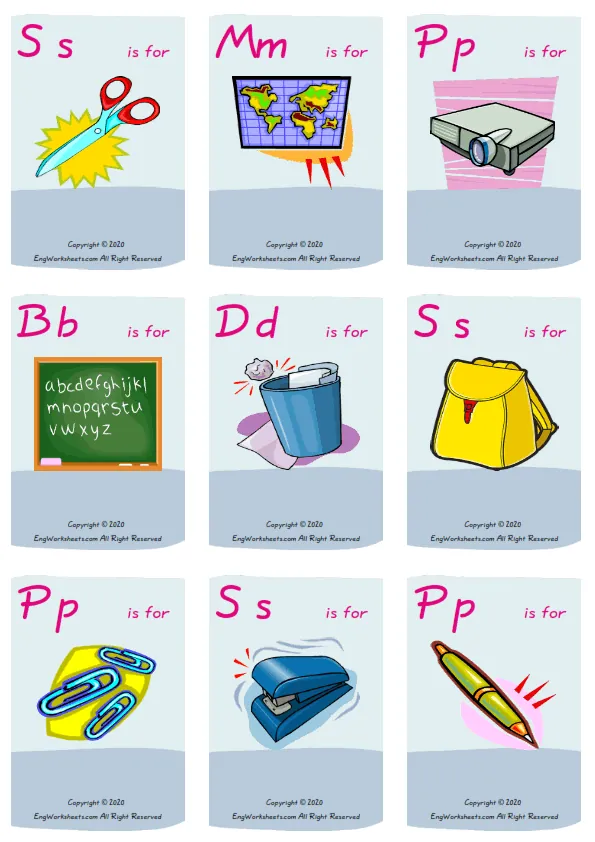Wordless Classroom Objects vocabulary worksheet with nine images per page