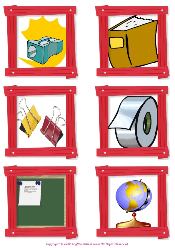 Wordless Classroom Objects vocabulary worksheet with six images per page