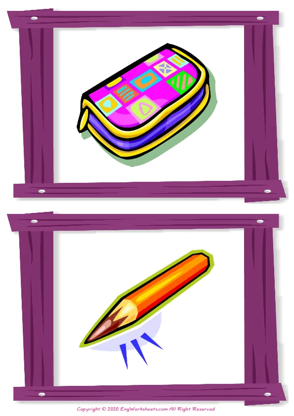Wordless Classroom Objects vocabulary worksheet with two images per page