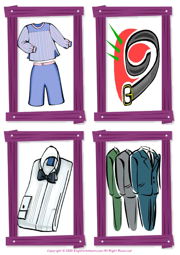 Wordless Clothes vocabulary worksheet with four images per page
