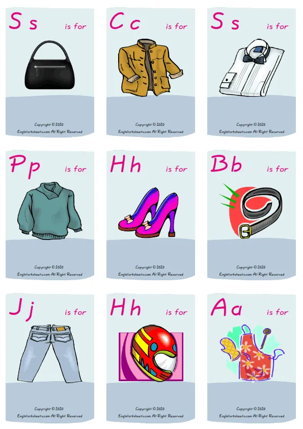 Wordless Clothes vocabulary worksheet with nine images per page