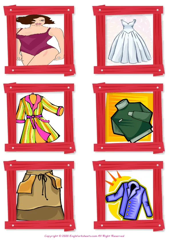 Wordless Clothes vocabulary worksheet with six images per page