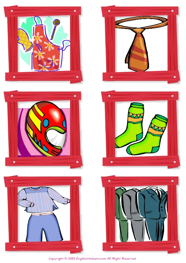 Wordless Clothes vocabulary worksheet with six images per page