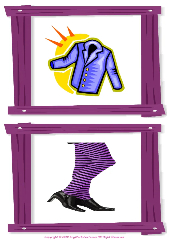 Wordless Clothes vocabulary worksheet with two images per page