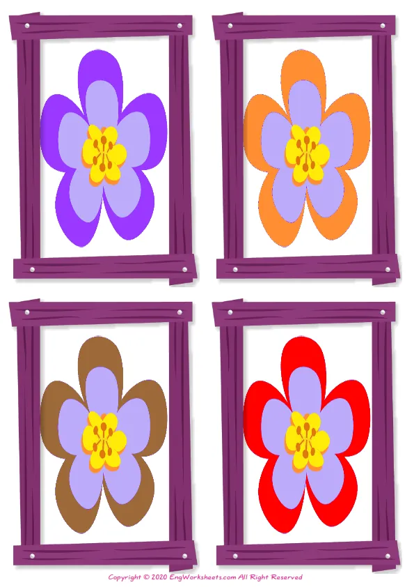 Wordless Colour vocabulary worksheet with four images per page