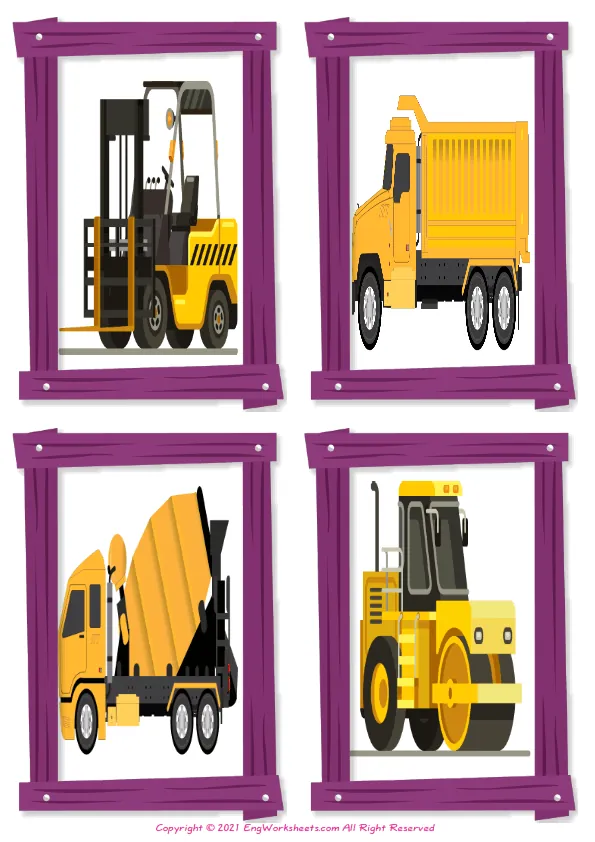 Wordless Construction Trucks vocabulary worksheet with four images per page