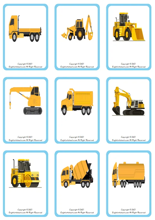 Wordless Construction Trucks vocabulary worksheet with nine images per page