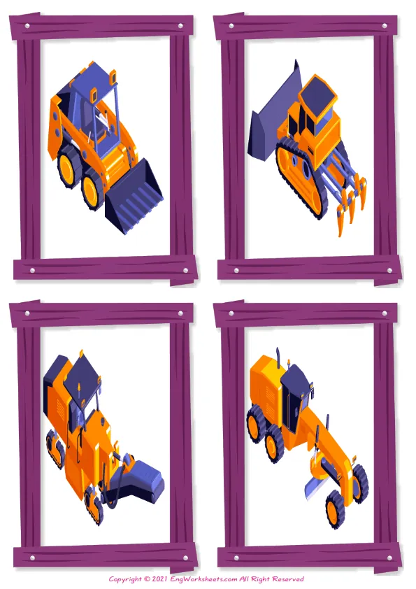 Wordless Construction Vehicles vocabulary worksheet with four images per page