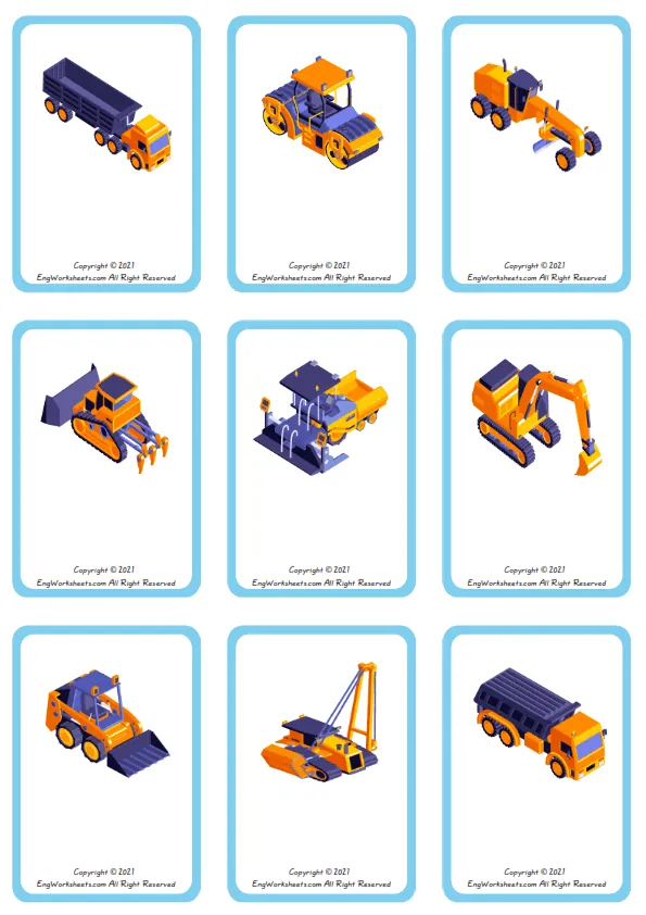 Wordless Construction Vehicles vocabulary worksheet with nine images per page