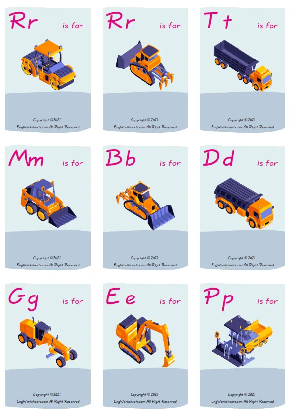 Wordless Construction Vehicles vocabulary worksheet with nine images per page