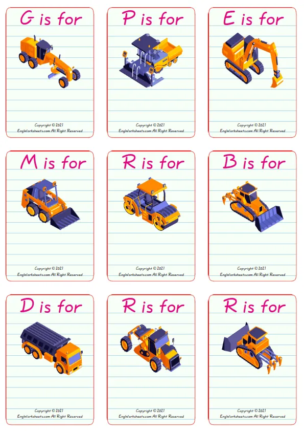 Wordless Construction Vehicles vocabulary worksheet with nine images per page