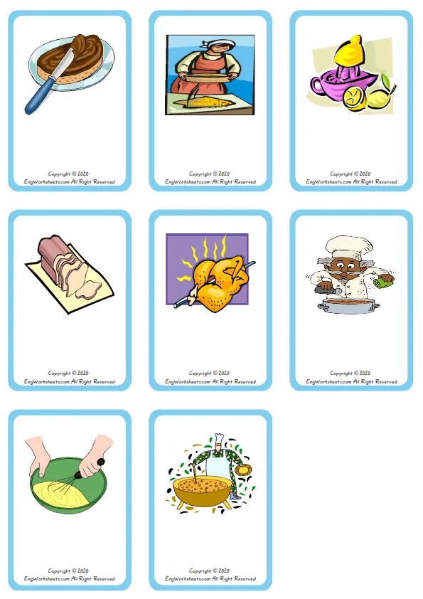 Wordless Cooking Verbs vocabulary worksheet with nine images per page