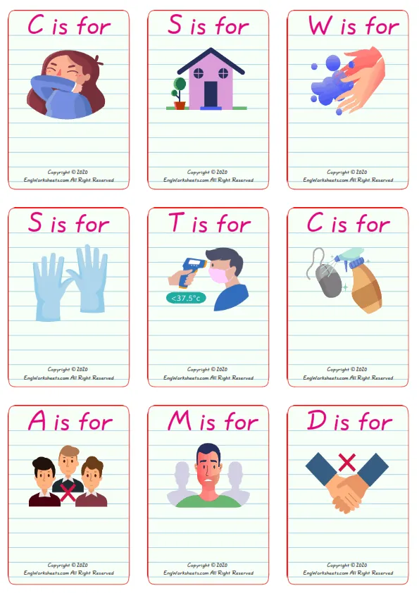 Wordless Coronavirus Prevention vocabulary worksheet with nine images per page