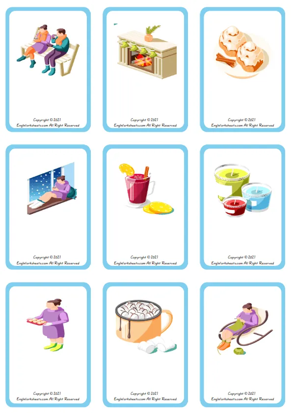 Wordless Cozy Winter vocabulary worksheet with nine images per page