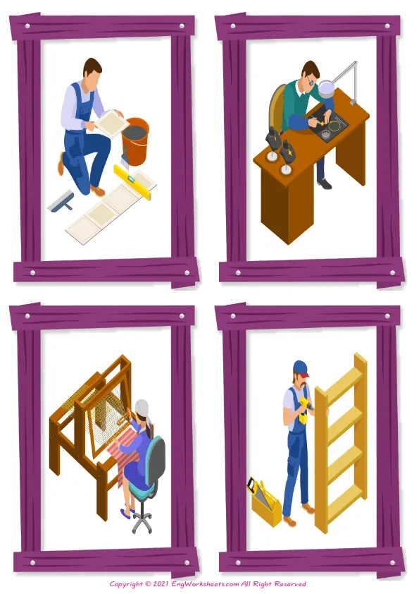 Wordless Crafts vocabulary worksheet with four images per page