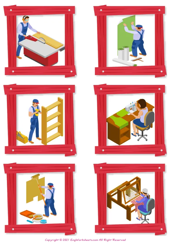 Wordless Crafts vocabulary worksheet with six images per page