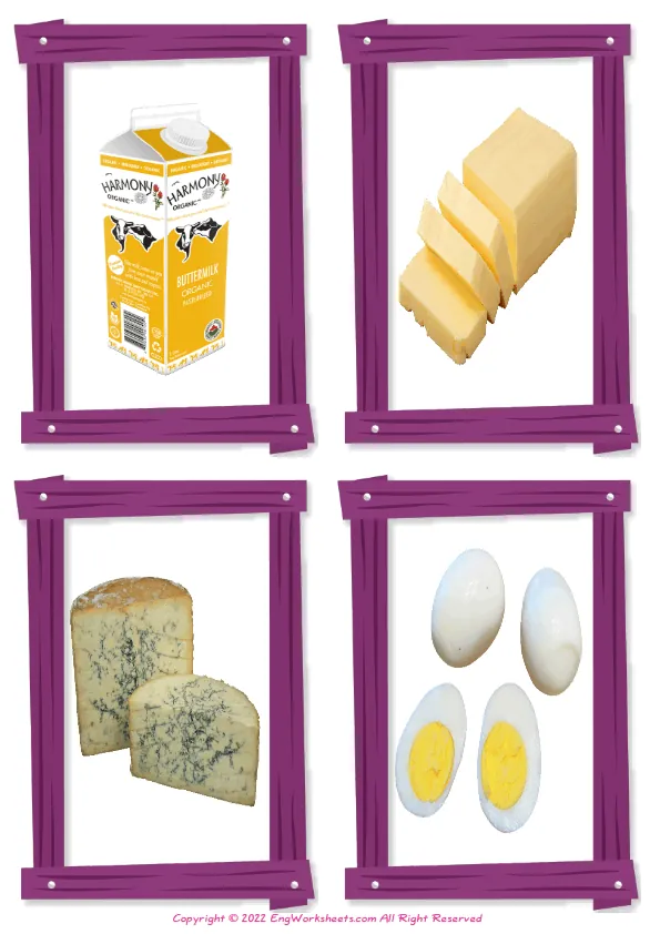Wordless Dairy Produce vocabulary worksheet with four images per page