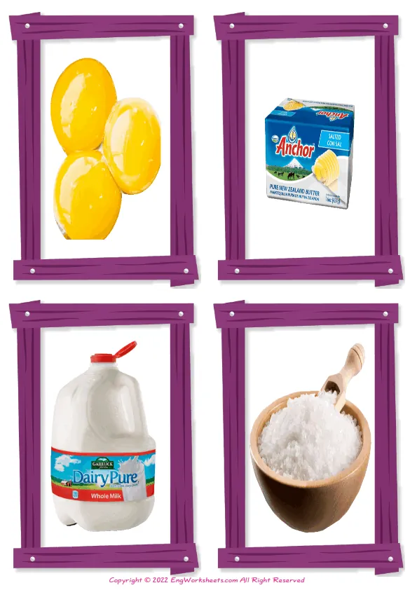 Dairy Produce vocabulary worksheet with words, two images per page