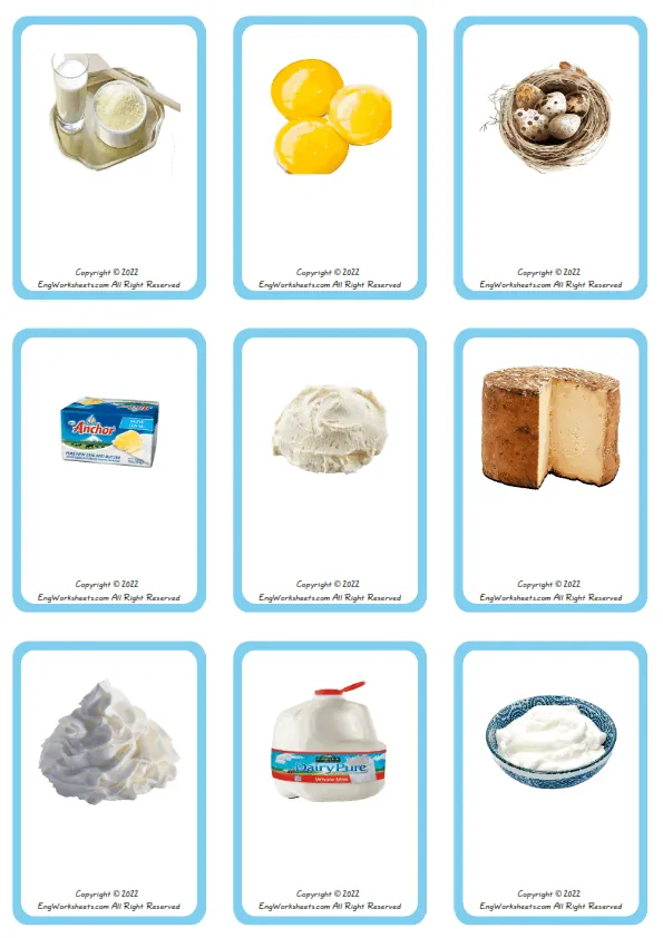 Wordless Dairy Produce vocabulary worksheet with nine images per page