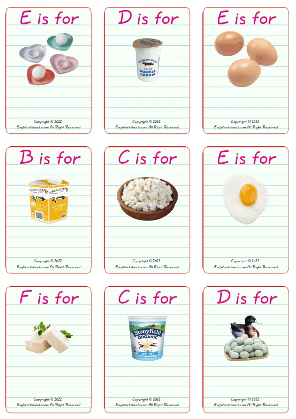 Wordless Dairy Produce vocabulary worksheet with nine images per page
