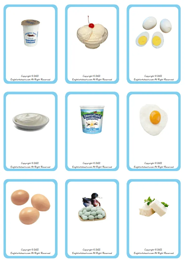 Wordless Dairy Produce vocabulary worksheet with nine images per page