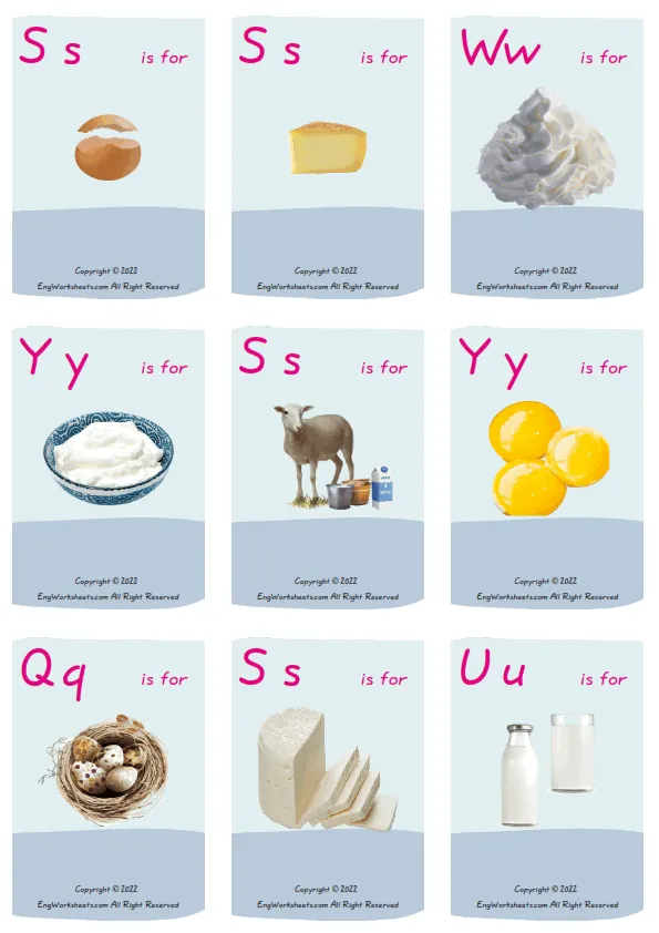Dairy Produce vocabulary worksheet with words, nine images per page