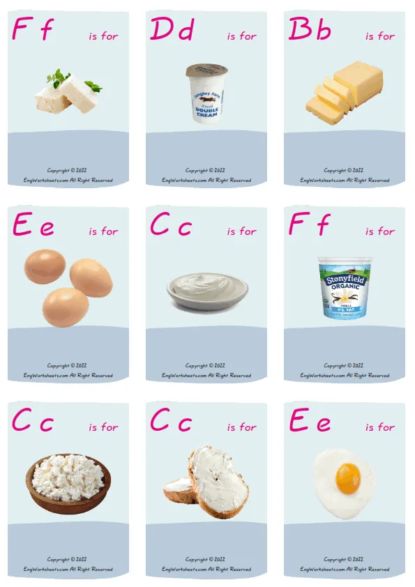 Wordless Dairy Produce vocabulary worksheet with nine images per page