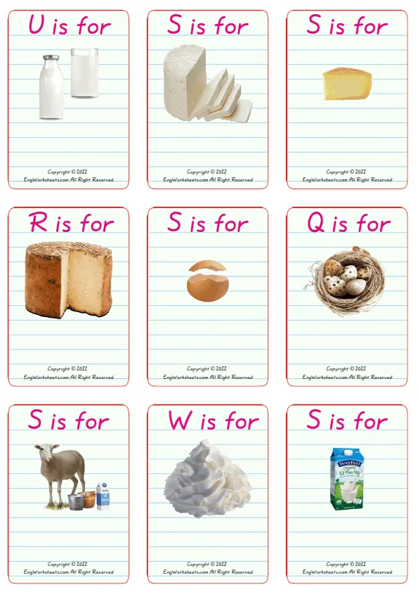 Wordless Dairy Produce vocabulary worksheet with nine images per page