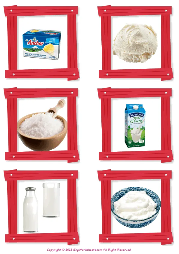 Dairy Produce vocabulary worksheet with words, four images per page