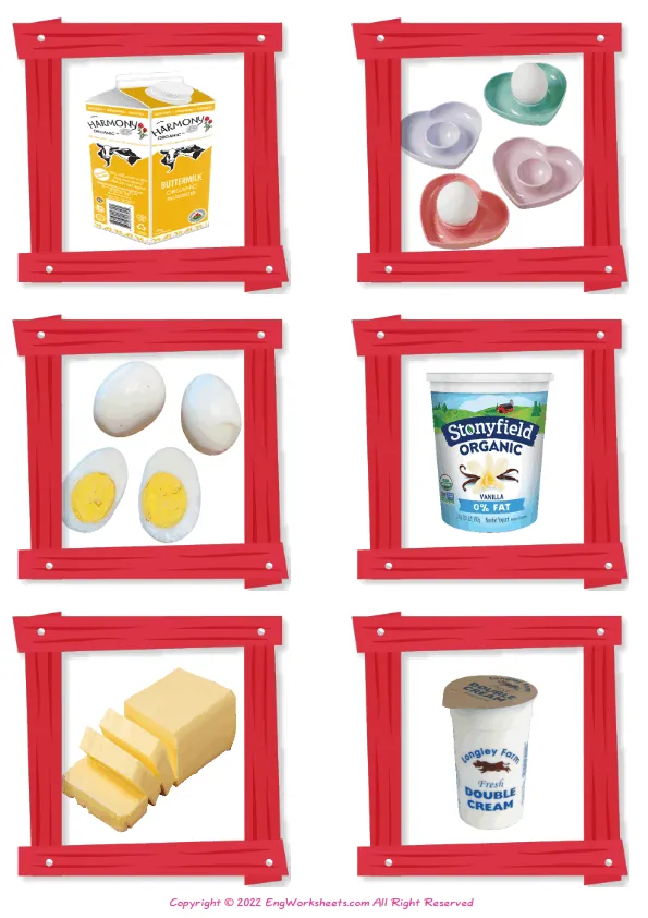 Wordless Dairy Produce vocabulary worksheet with six images per page