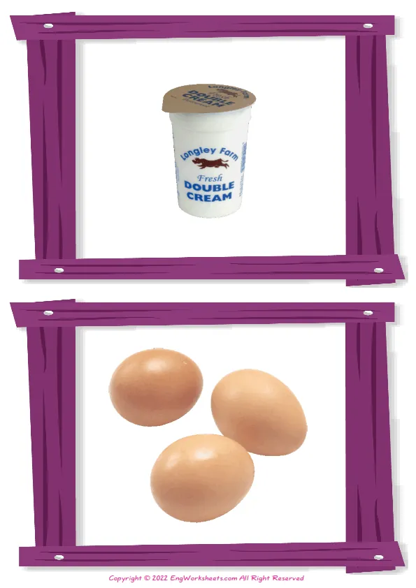 Wordless Dairy Produce vocabulary worksheet with two images per page