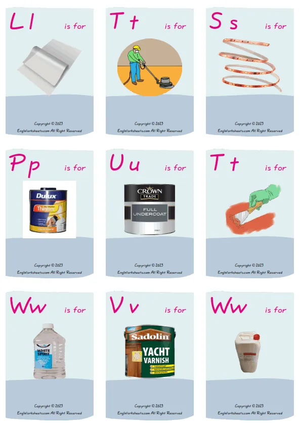 Wordless Decorating vocabulary worksheet with nine images per page