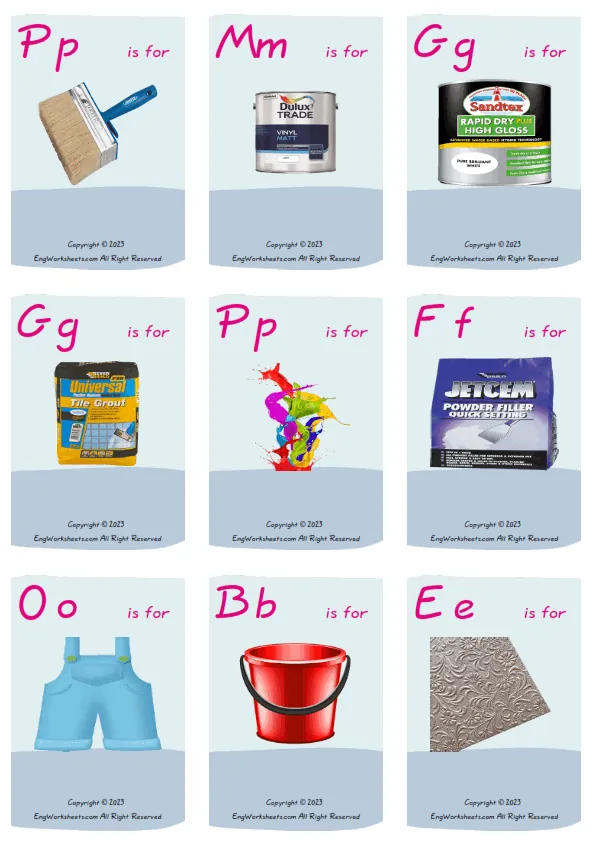Wordless Decorating vocabulary worksheet with nine images per page