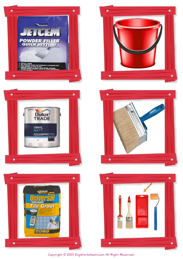 Wordless Decorating vocabulary worksheet with six images per page