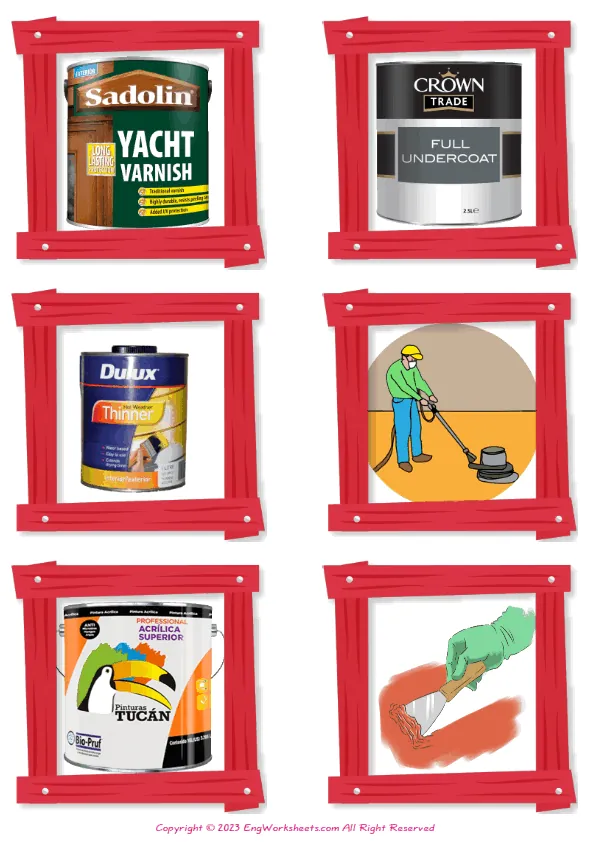 Wordless Decorating vocabulary worksheet with six images per page